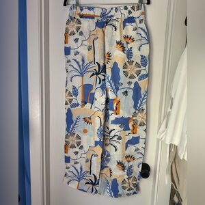 Women’s Nicole Miller Tropical Print Wide-Leg Pull On Linen Pants - Size Medium